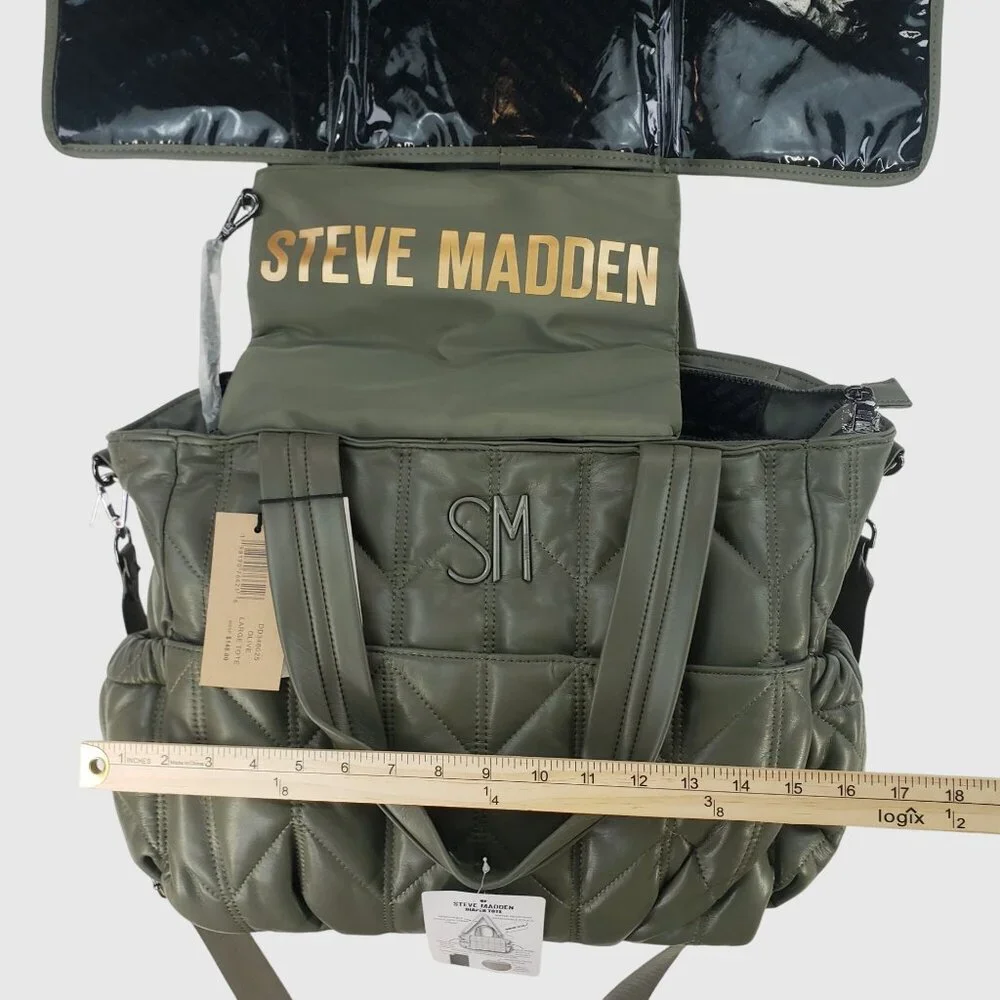 Steve Madden Olive Quilted Diaper Tote Bag With Removable Strap & Changing Pad